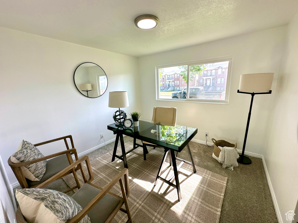Carpeted office space with baseboards