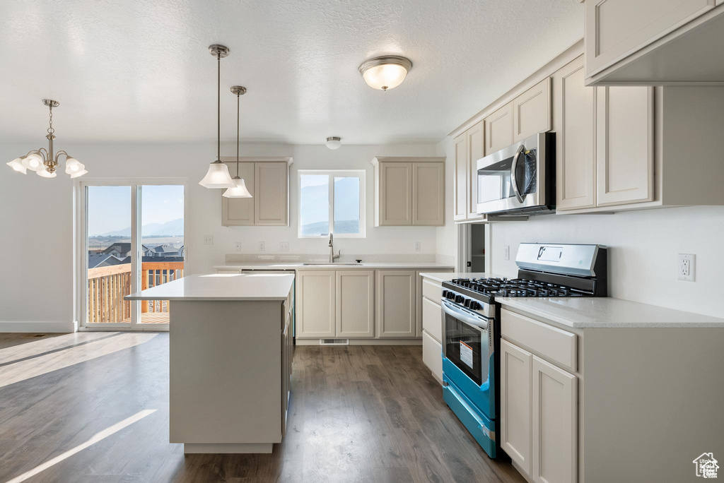 Kitchen with stainless steel appliances, a sink, dark wood finished floors, light countertops, and a center island
