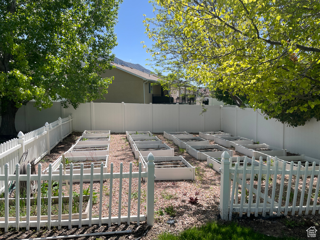 Fenced backyard with a vegetable garden