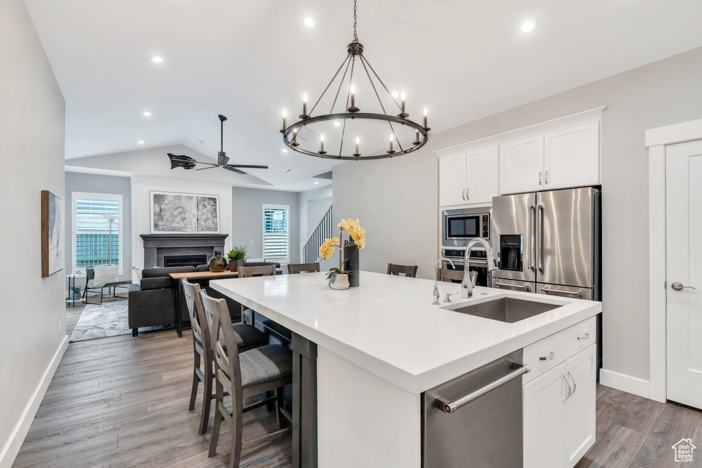Kitchen featuring appliances with stainless steel finishes, a sink, healthy amount of natural light, a fireplace, and lofted ceiling