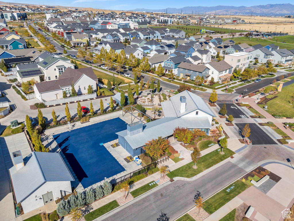 Aerial perspective of suburban area with mountains
