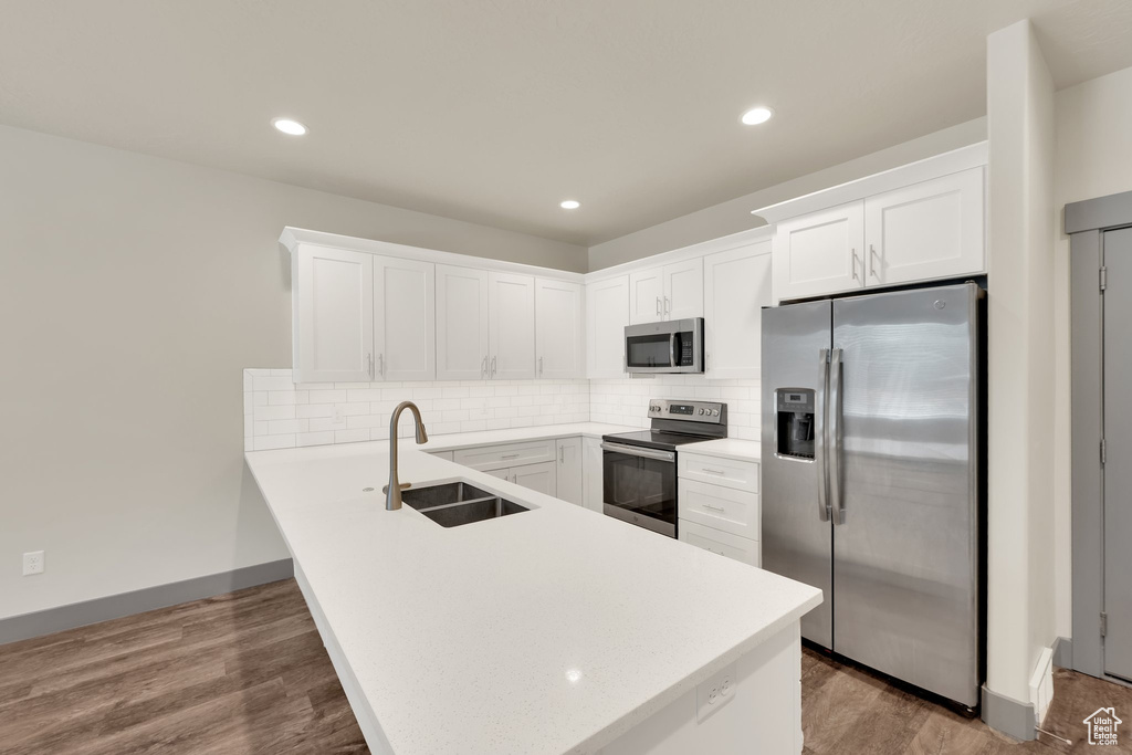 Kitchen with stainless steel appliances, a sink, a peninsula, light countertops, and recessed lighting