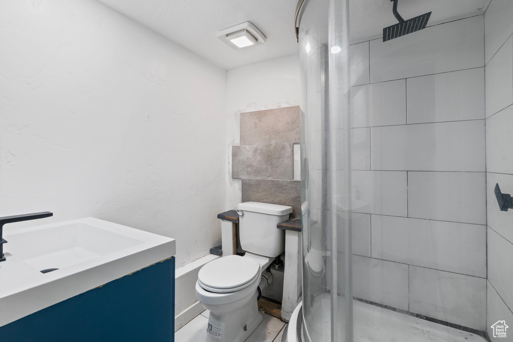 Full bathroom featuring a shower stall, toilet, and vanity