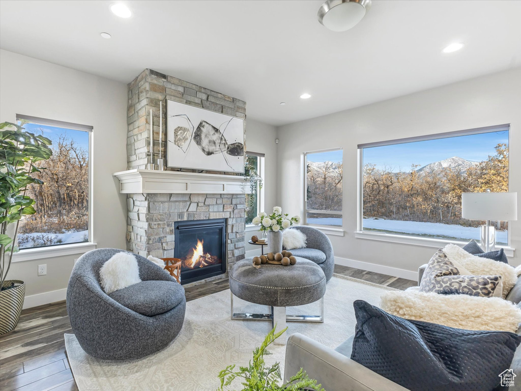 Living room featuring wood finished floors, a fireplace, baseboards, and recessed lighting