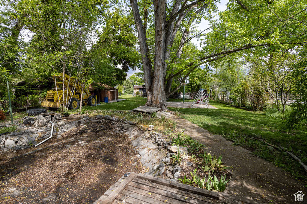 View of grassy yard featuring an outbuilding