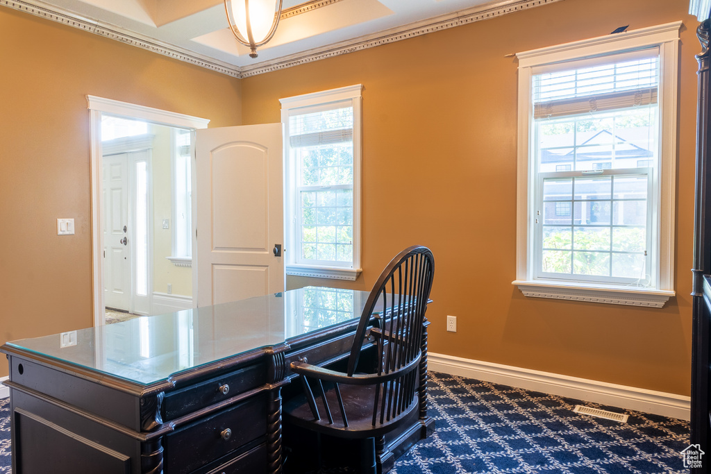 Home office featuring baseboards and dark carpet