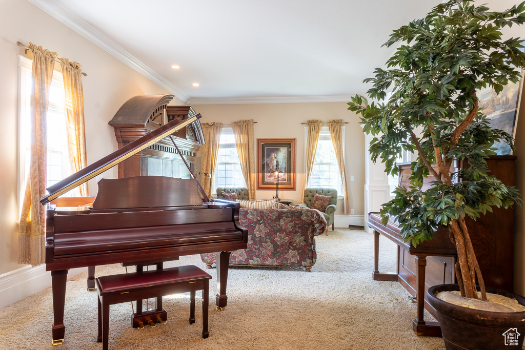 Living area with carpet floors, crown molding, and recessed lighting