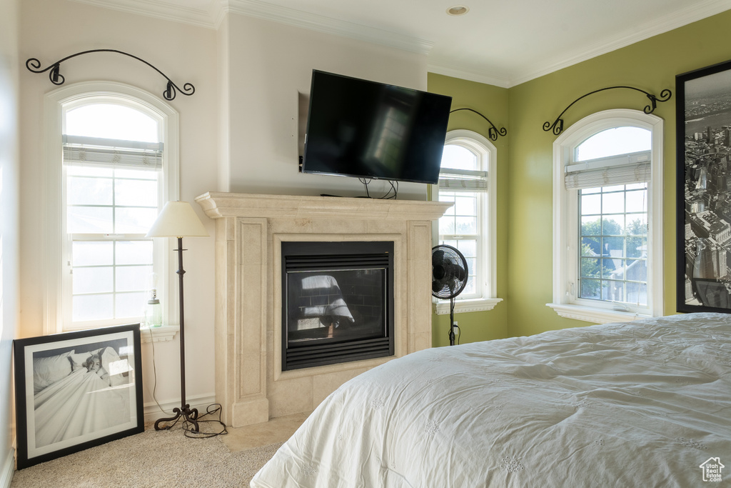 Bedroom with a glass covered fireplace, crown molding, and carpet flooring