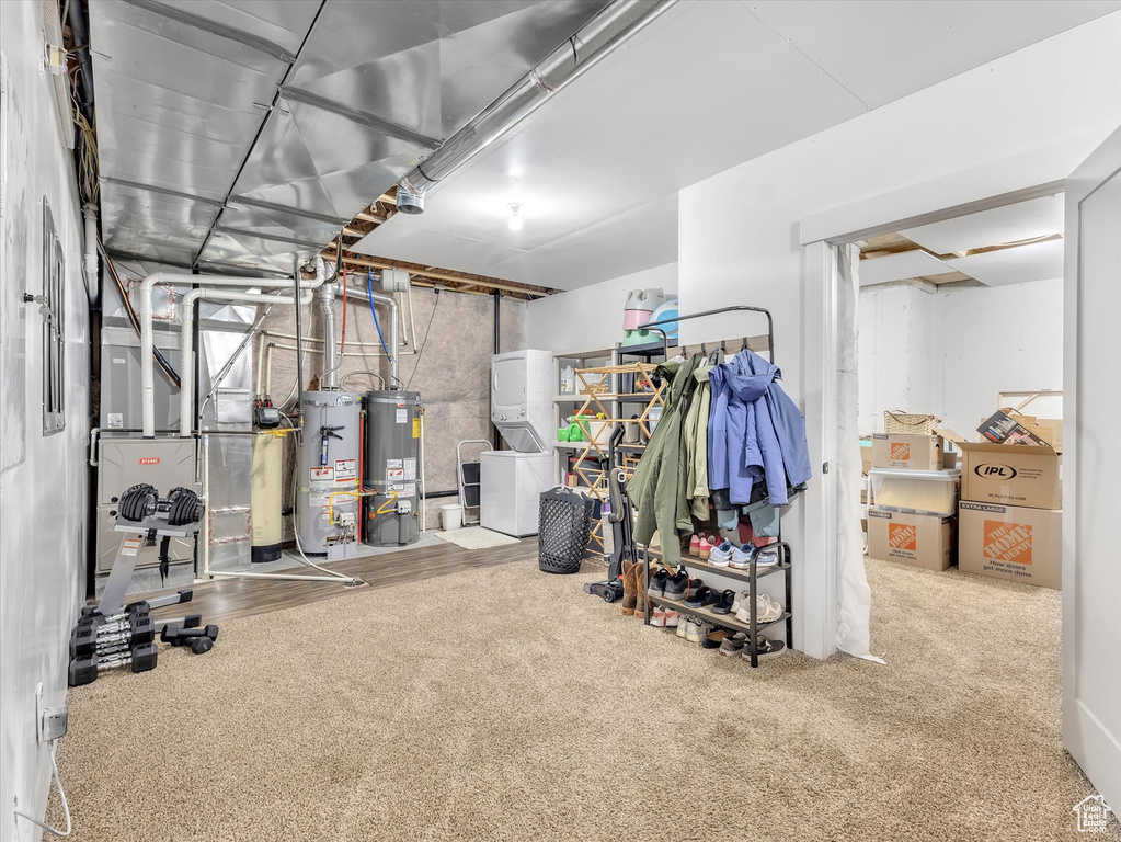 Unfinished below grade area featuring gas water heater and carpet flooring