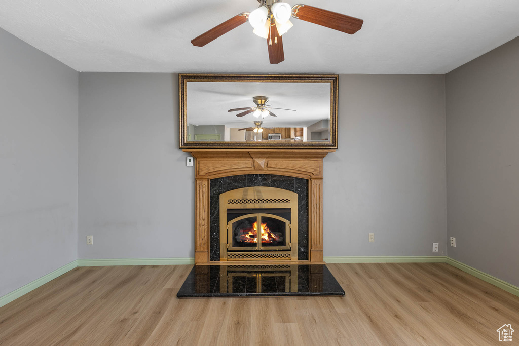 Detailed view of wood finished floors, a premium fireplace, ceiling fan, and baseboards