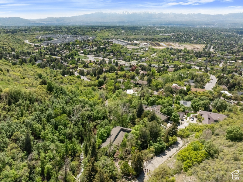 Aerial view of mountains and a heavily wooded area