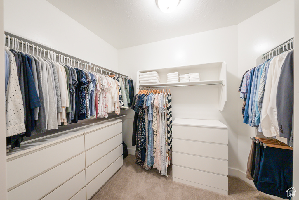 Spacious closet with light colored carpet
