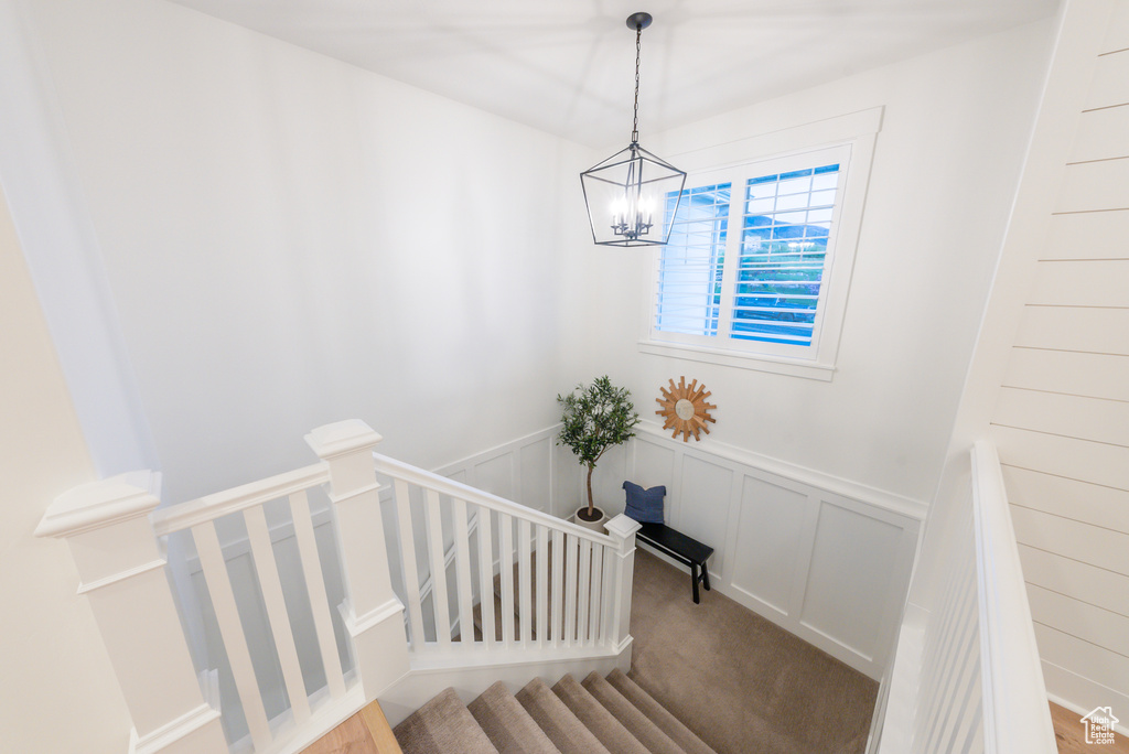 Stairs with a chandelier, a wainscoted wall, a decorative wall, and carpet floors