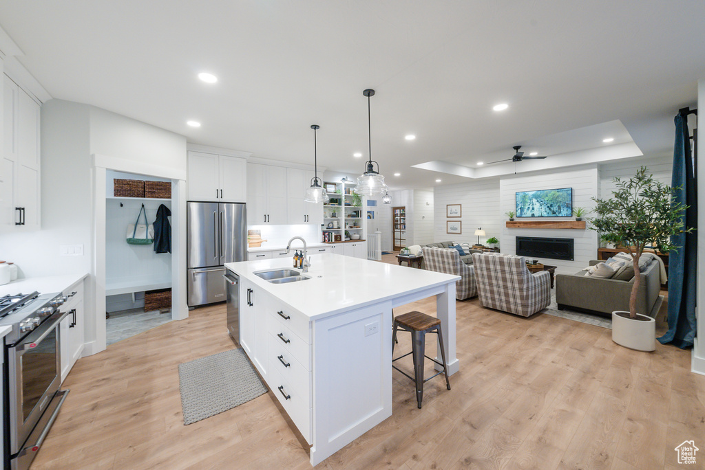 Kitchen with stainless steel appliances, a sink, a kitchen breakfast bar, light wood-style flooring, and white cabinetry