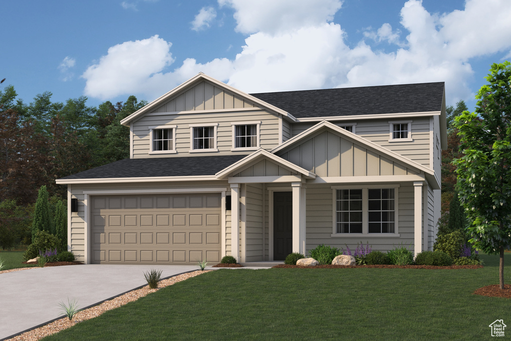 View of front of property featuring board and batten siding, a garage, concrete driveway, a front lawn, and roof with shingles