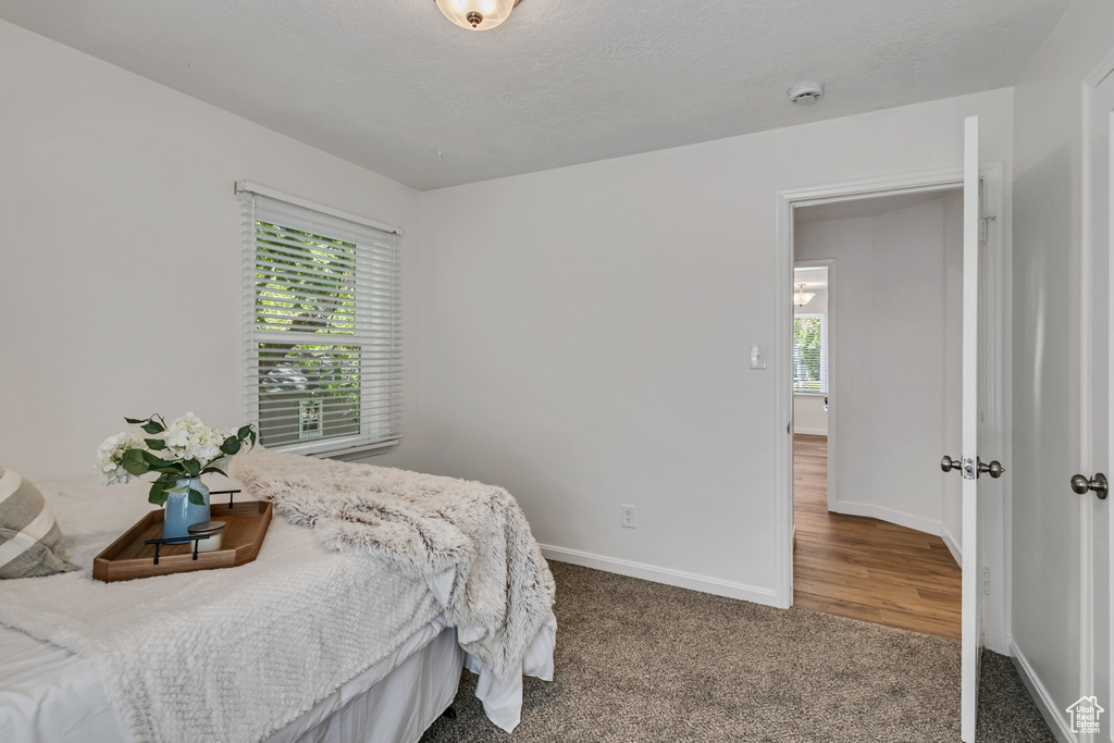 Carpeted bedroom with multiple windows and baseboards