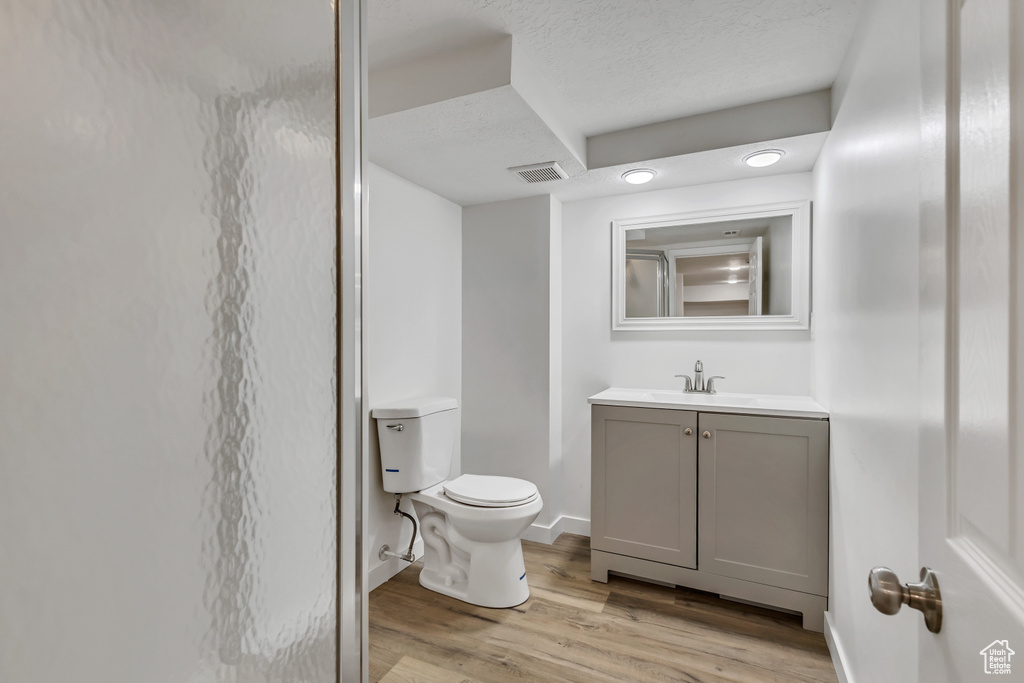 Bathroom featuring wood finished floors, toilet, and vanity