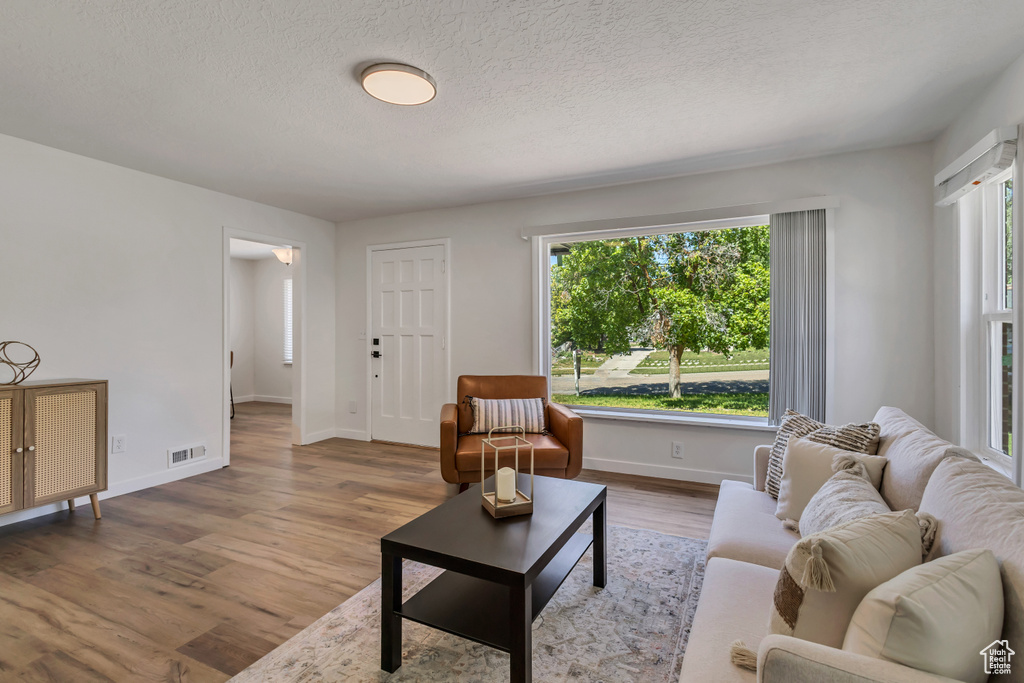 Living room with healthy amount of natural light, baseboards, wood finished floors, and a textured ceiling