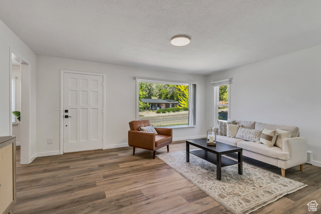 Living room with wood finished floors, baseboards, and a textured ceiling