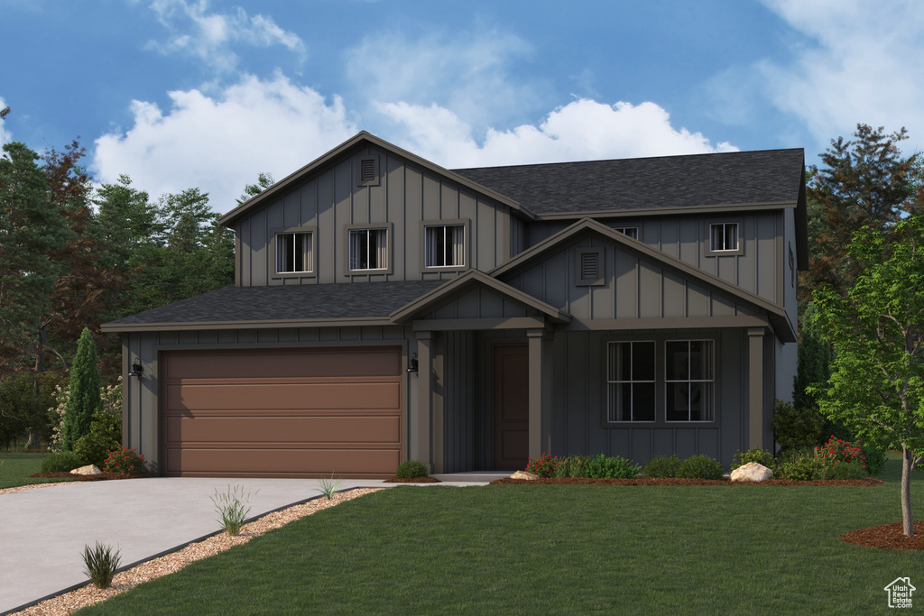 View of front of house with board and batten siding, a garage, roof with shingles, concrete driveway, and a front lawn