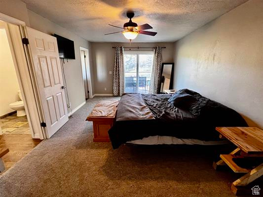Carpeted bedroom featuring a textured ceiling, ensuite bath, access to exterior, ceiling fan, and baseboards