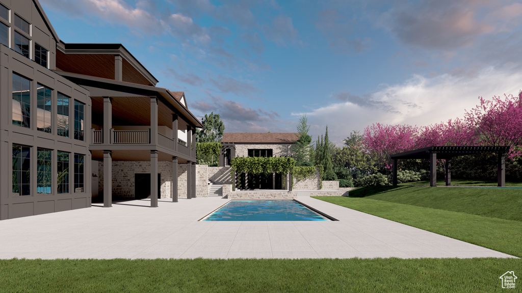View of pool with a lawn, a patio, a pergola, and a covered pool