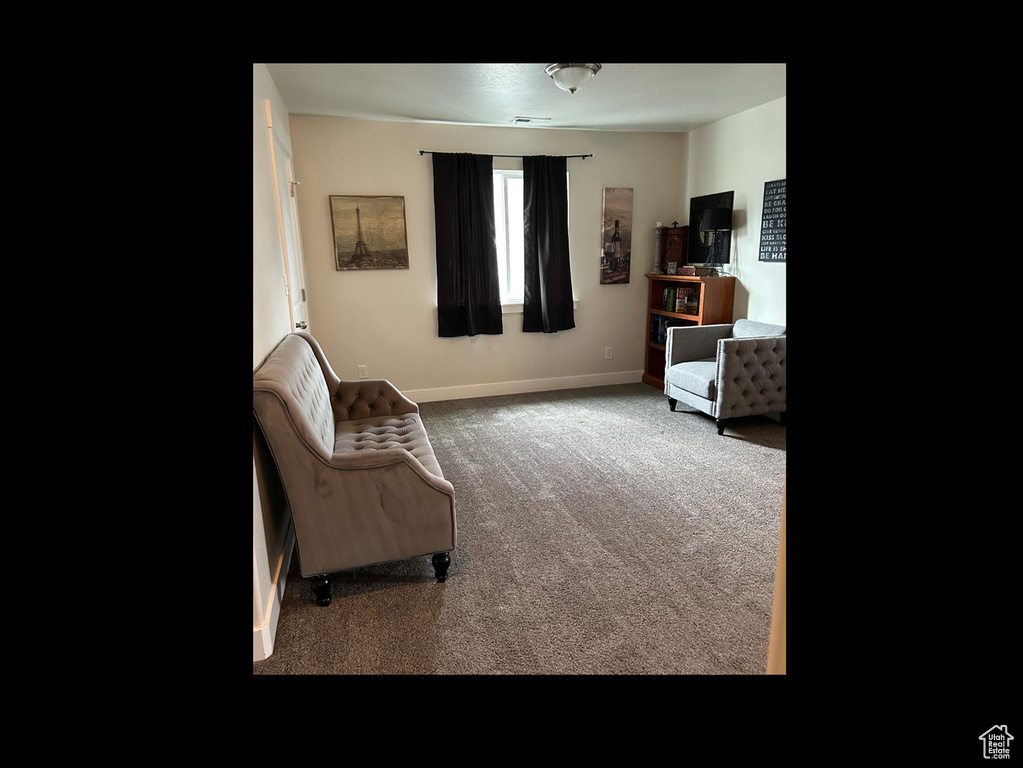 Sitting room with baseboards and carpet flooring