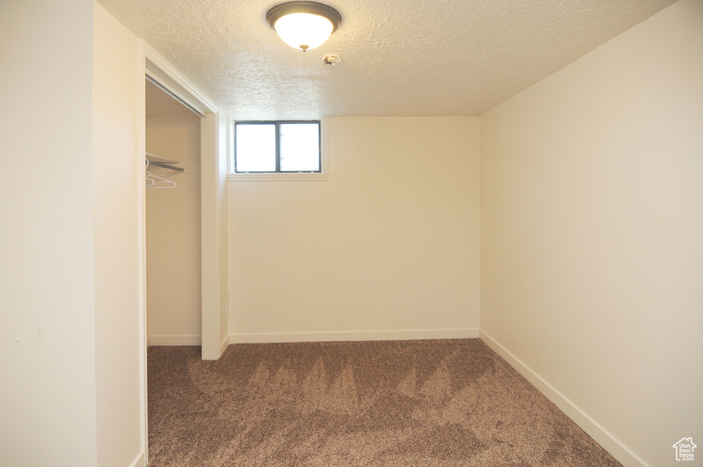 Below grade area featuring a textured ceiling, carpet, and baseboards