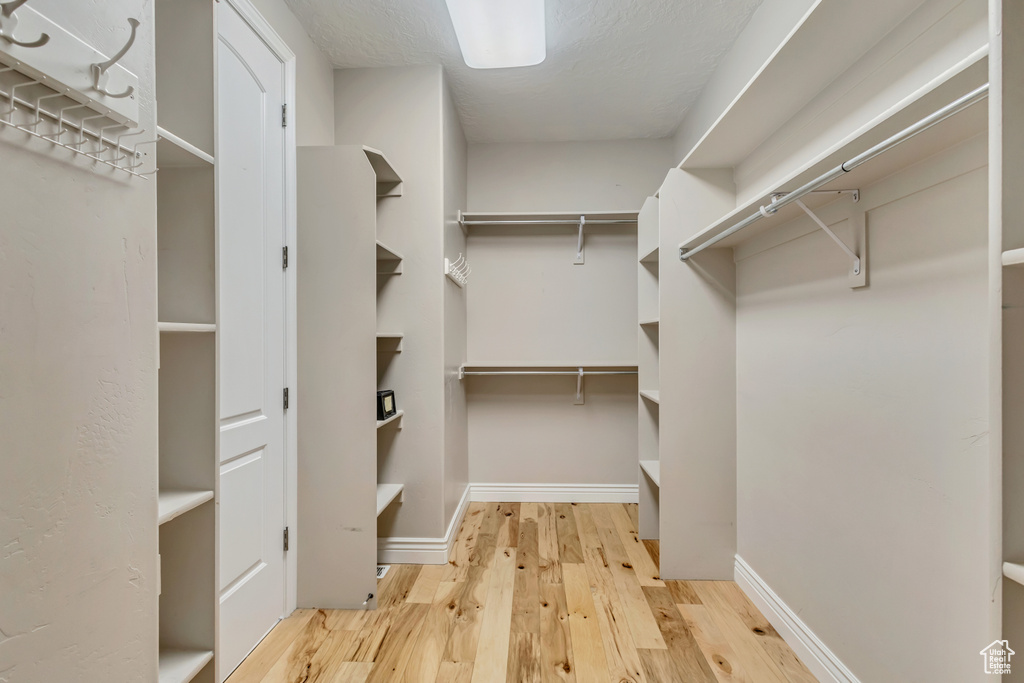 Walk in closet with light wood-style flooring