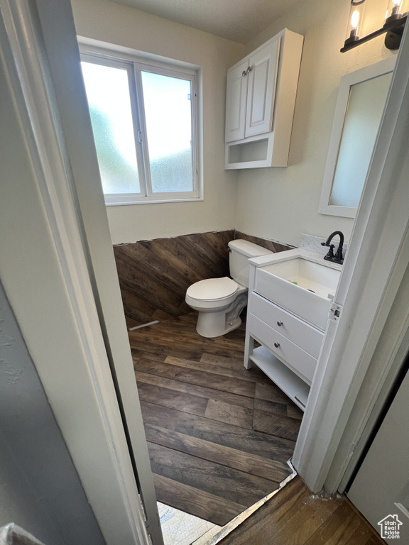 Bathroom featuring wood finished floors, toilet, and vanity