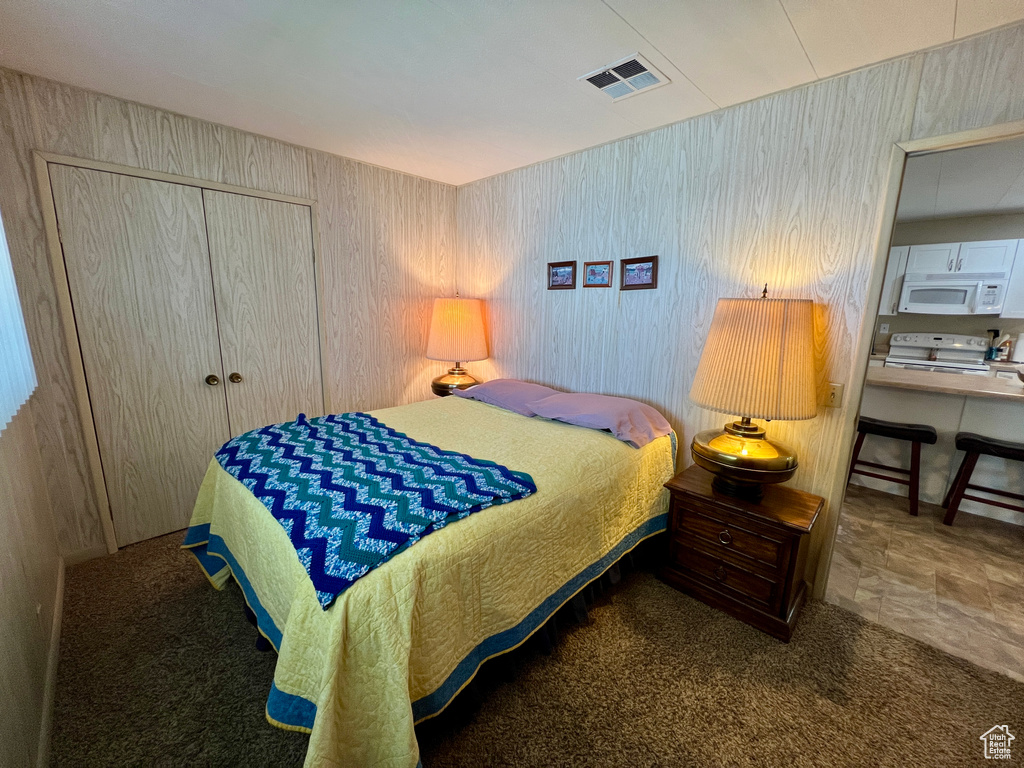 Carpeted bedroom featuring a closet