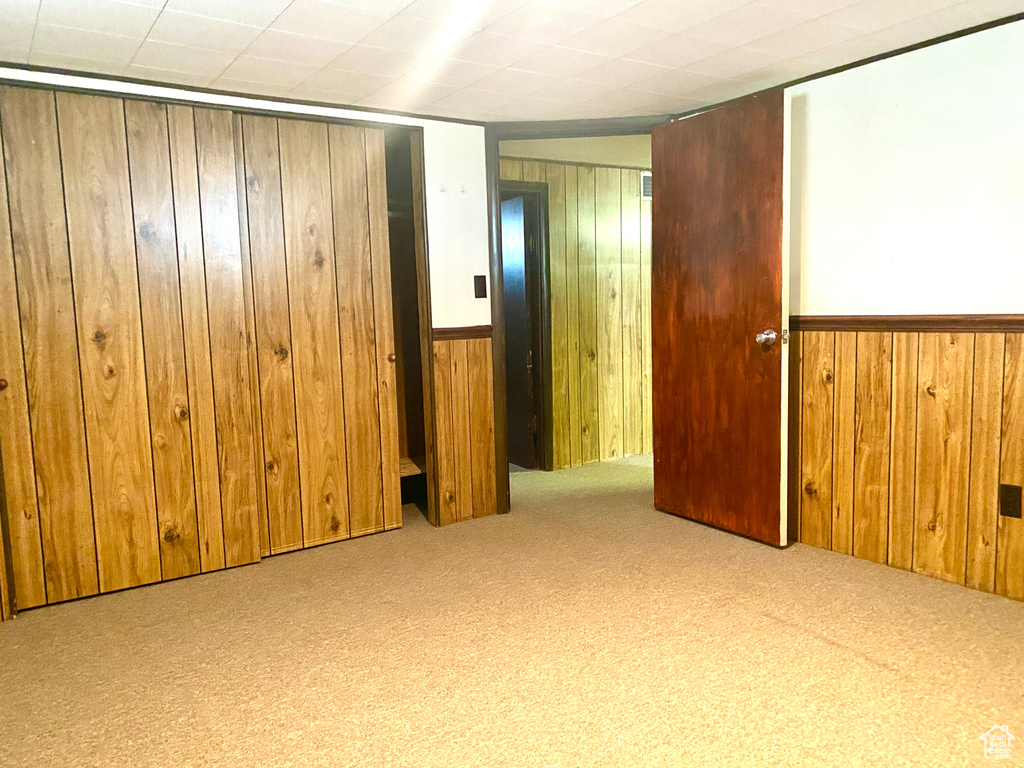 Empty room featuring wood walls, carpet floors, and a wainscoted wall