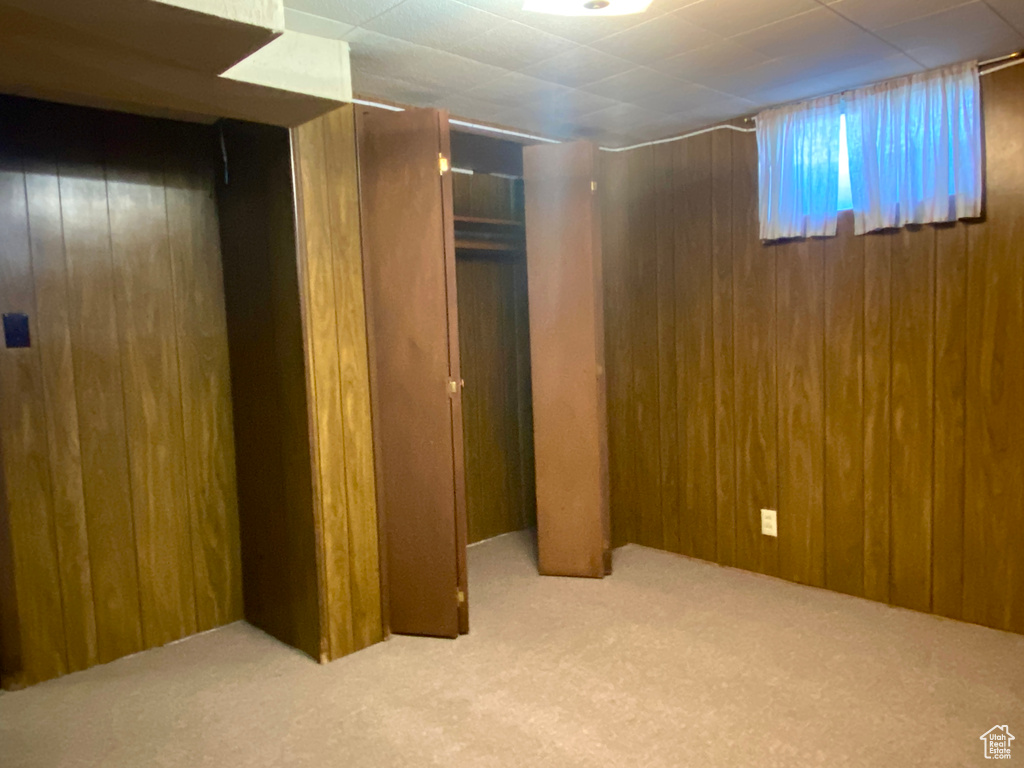 Finished basement featuring wooden walls and carpet flooring