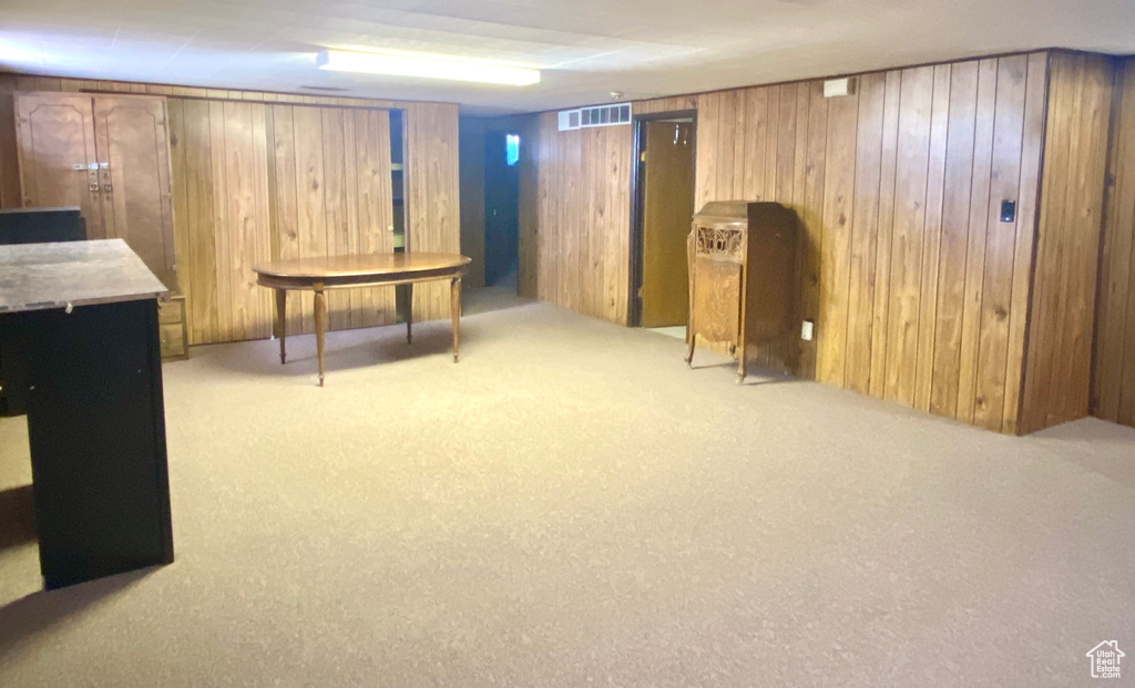 Finished basement with carpet and wood walls