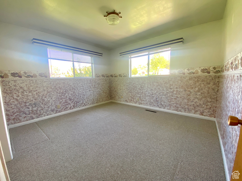 Carpeted empty room featuring healthy amount of natural light and a wainscoted wall