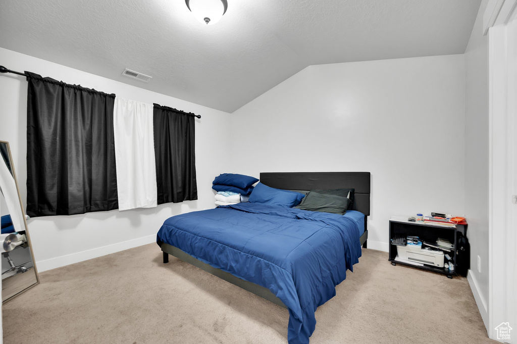 Bedroom with carpet floors, baseboards, lofted ceiling, and visible vents