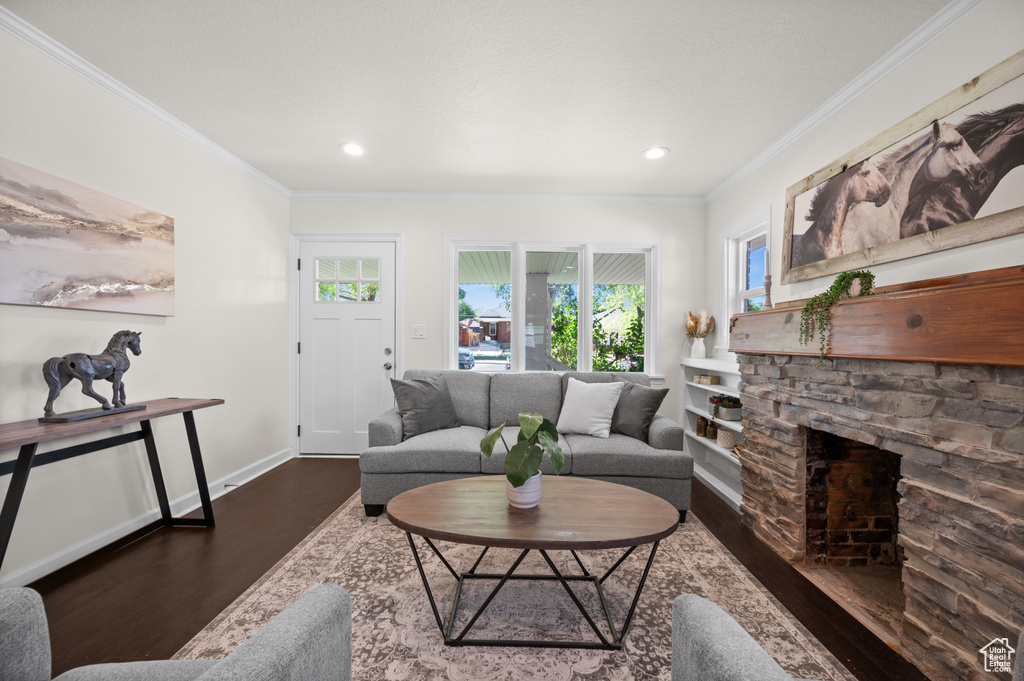 Living area with wood finished floors, ornamental molding, baseboards, a stone fireplace, and recessed lighting