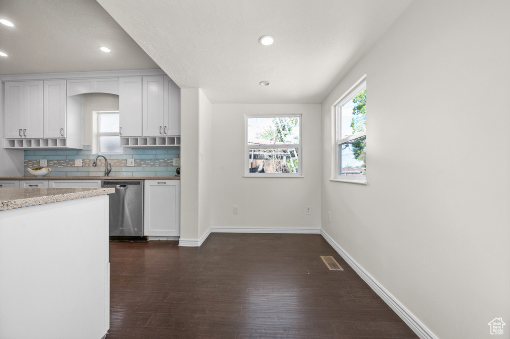 Kitchen featuring stainless steel dishwasher, plenty of natural light, dark wood finished floors, tasteful backsplash, and recessed lighting
