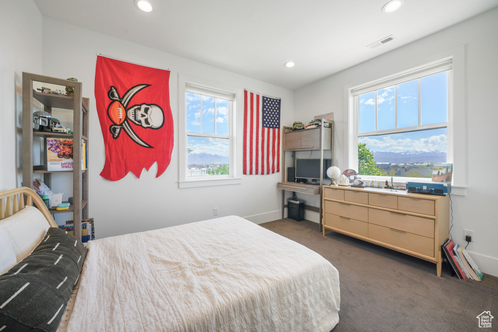 Carpeted bedroom featuring recessed lighting