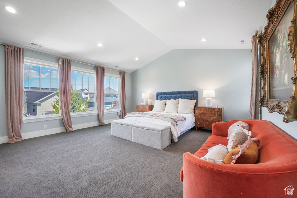 Carpeted bedroom with recessed lighting, lofted ceiling, and baseboards