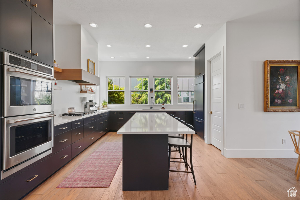 Kitchen with stainless steel appliances, dark cabinetry, light wood-style floors, a kitchen breakfast bar, and a sink