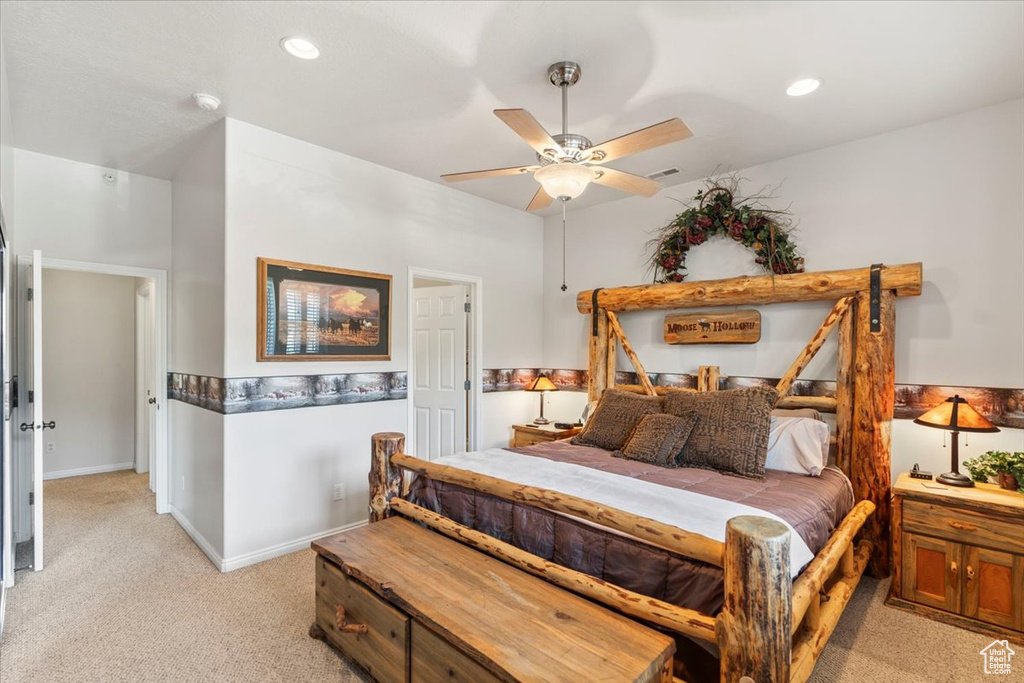 Bedroom with a ceiling fan, recessed lighting, baseboards, visible vents, and light colored carpet