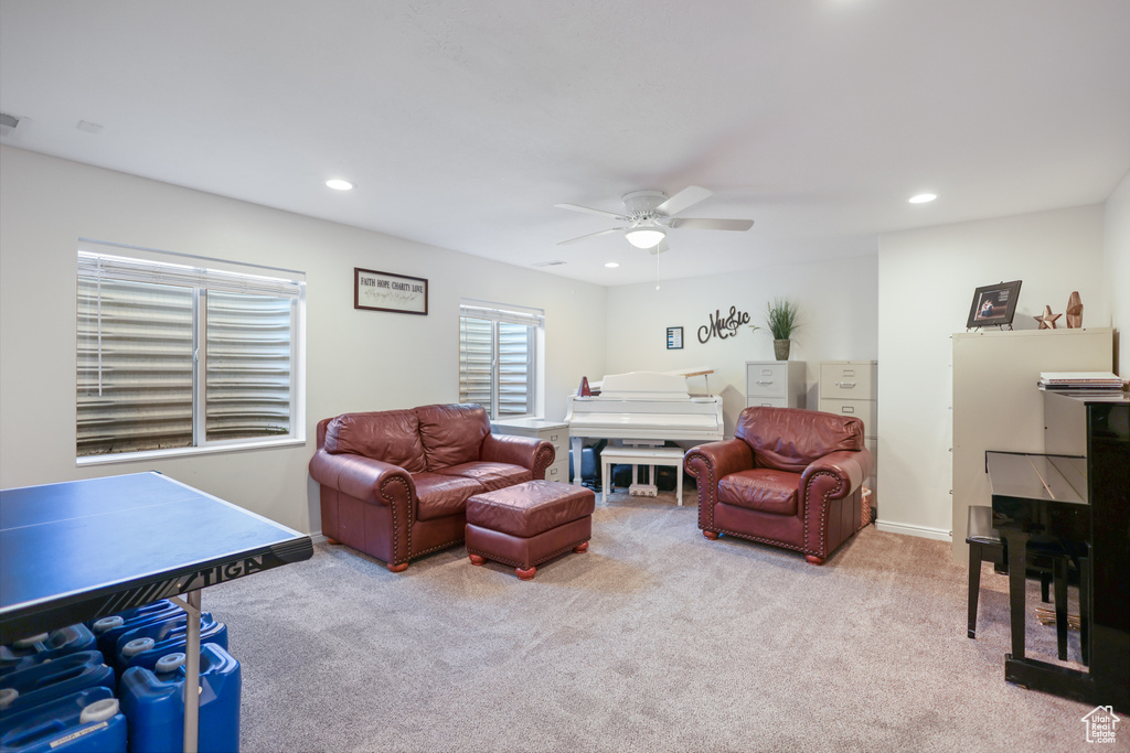 Bedroom featuring carpet flooring, recessed lighting, ceiling fan, and baseboards
