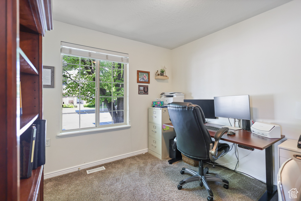 Carpeted office with baseboards