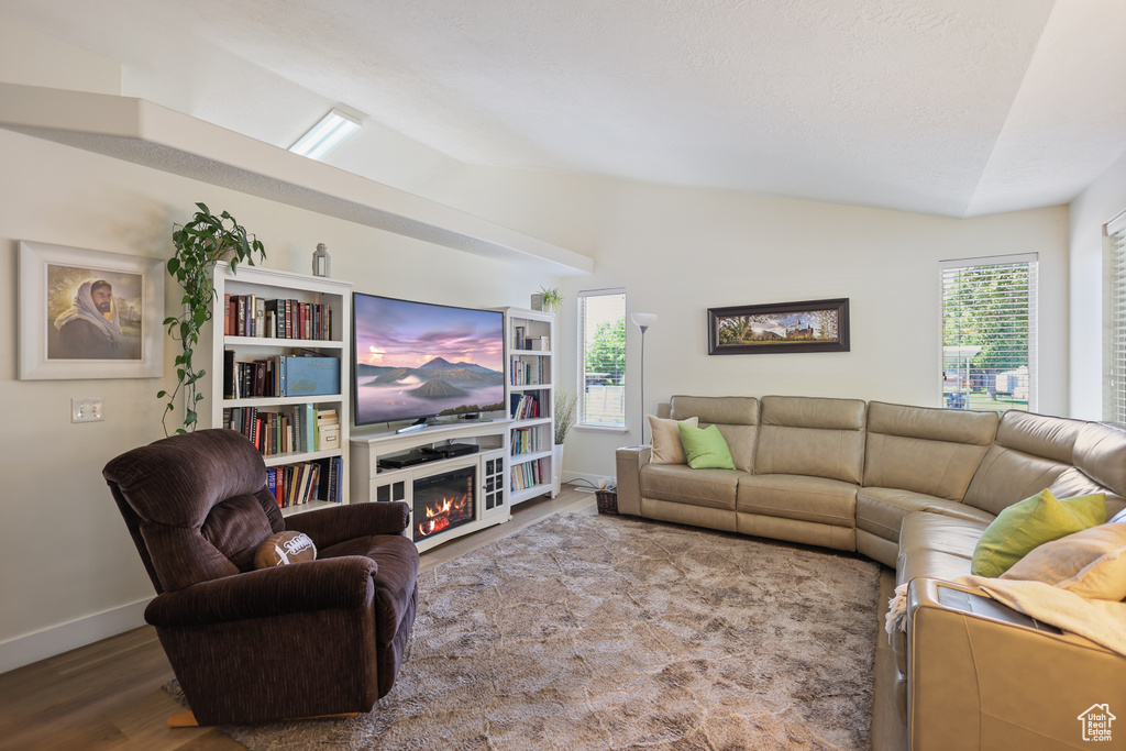 Living room with lofted ceiling, baseboards, wood finished floors, and a glass covered fireplace