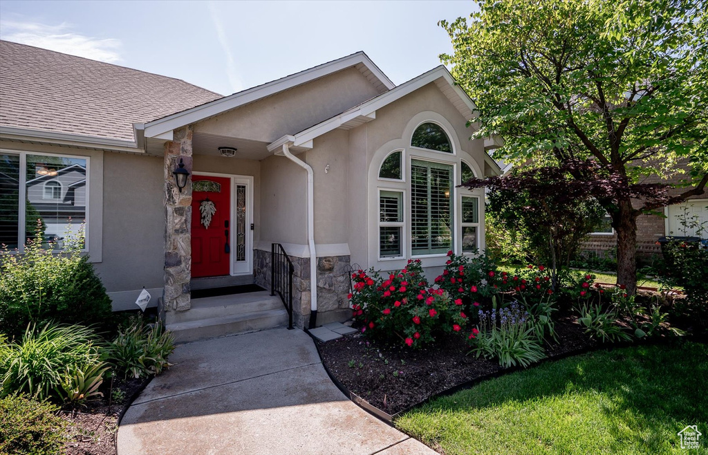 Entrance to property with stone siding, stucco siding, and roof with shingles