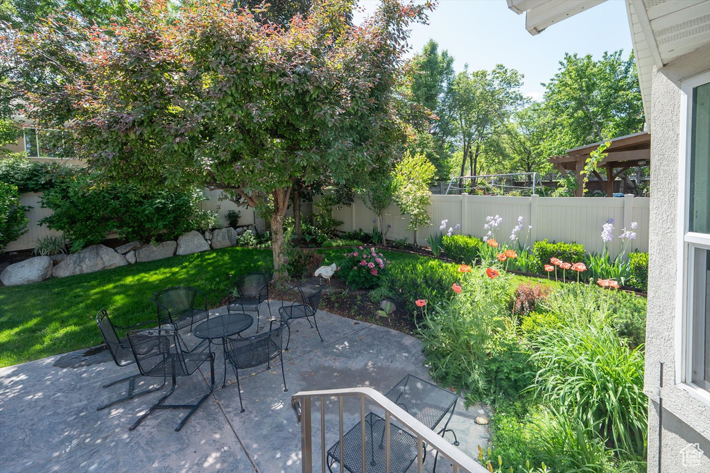 Fenced backyard with outdoor dining space and a patio