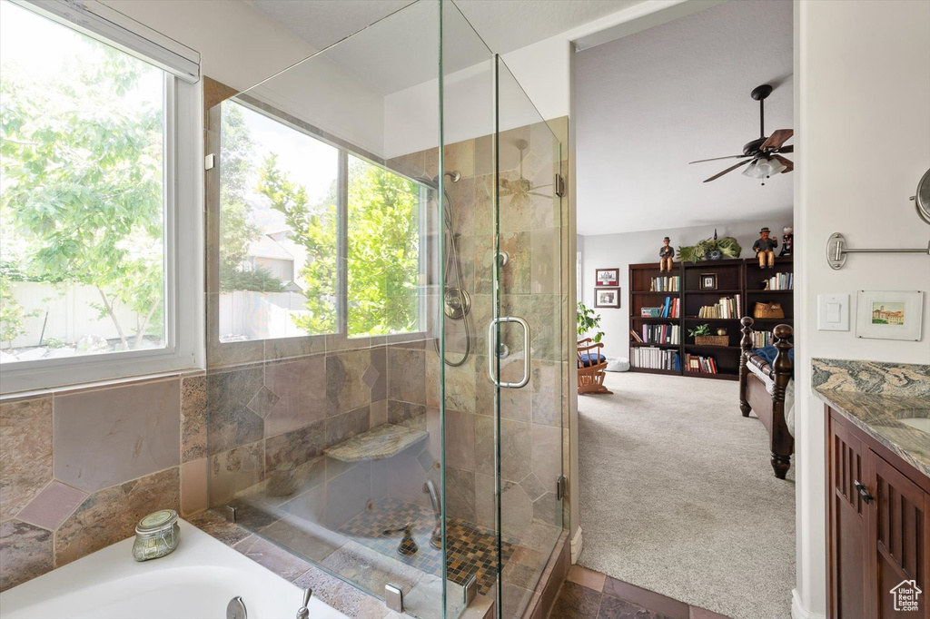 Full bathroom featuring plenty of natural light, vanity, a shower stall, and a ceiling fan