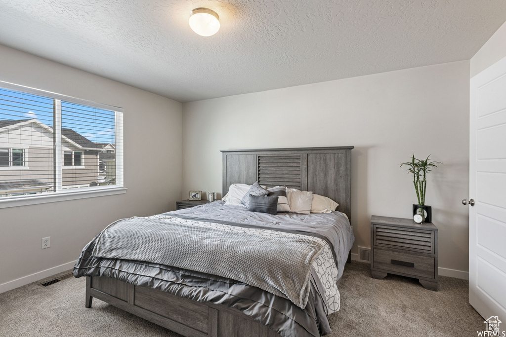 Carpeted bedroom with a textured ceiling and baseboards