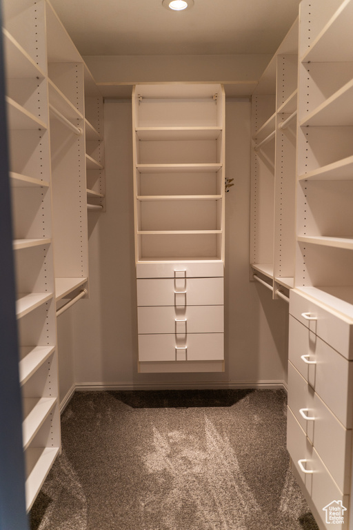 Walk in closet with dark colored carpet